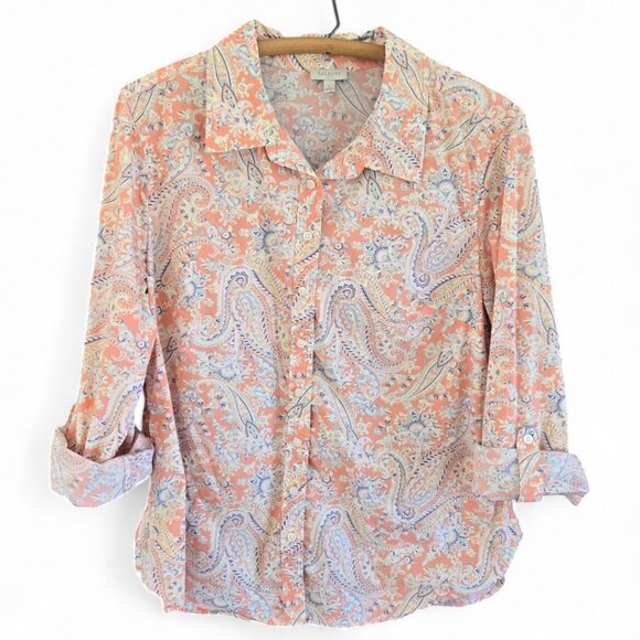 Talbots Womens Large Peach & Blue Paisley Button-Up Shirt Roll Tab Sleeves - Picture 2 of 8